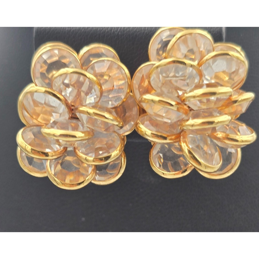 Elegant Gold Tone Clip-On Earrings Clear Champagne Bezel Faceted‎ Stones Vintage
